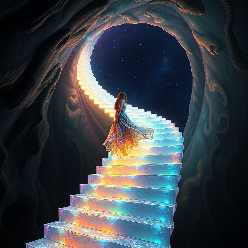 Surreal Cosmic Staircase Transcends Realms in Vibrant Fibona...