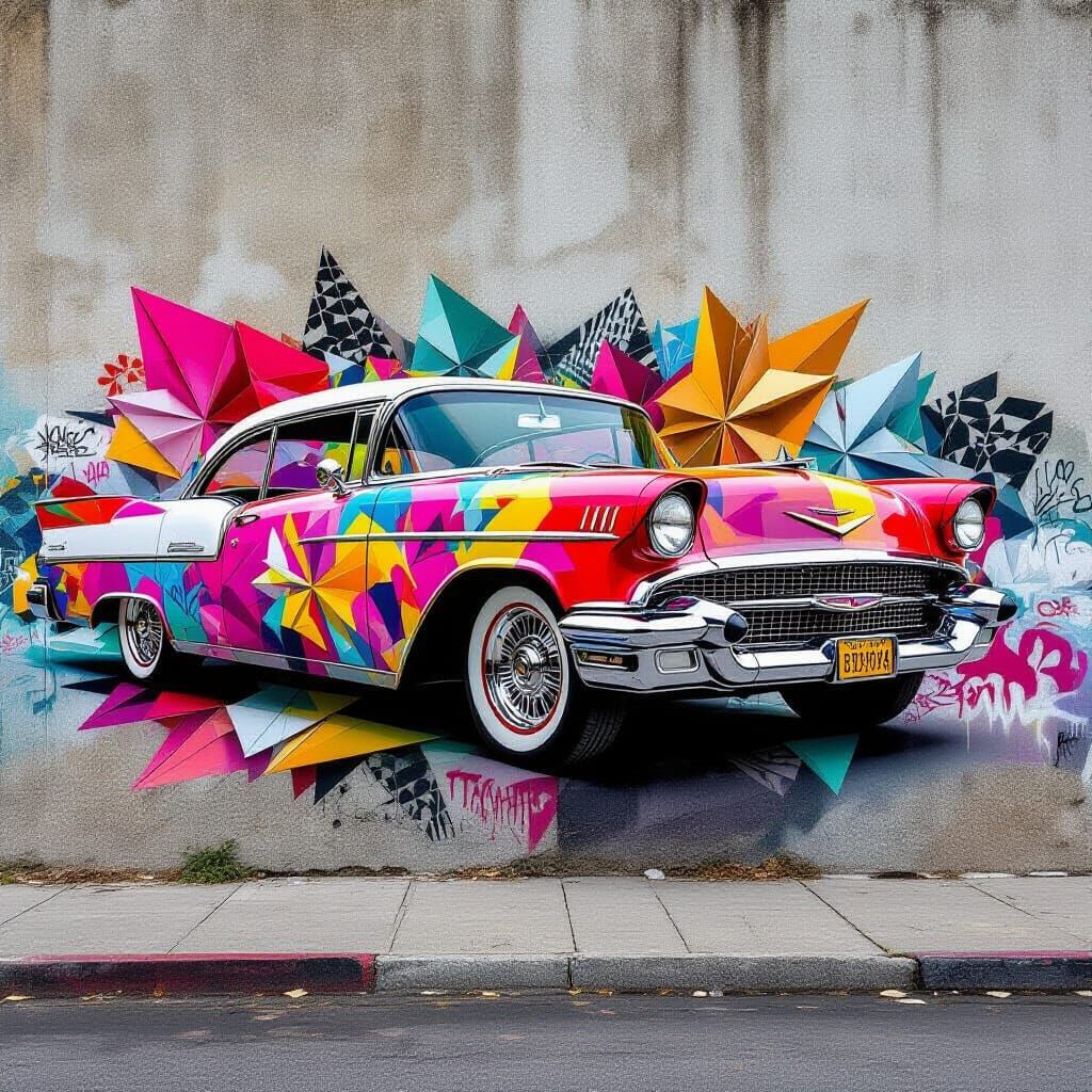 Vibrant Lowrider Graffiti Mural with Origami Details