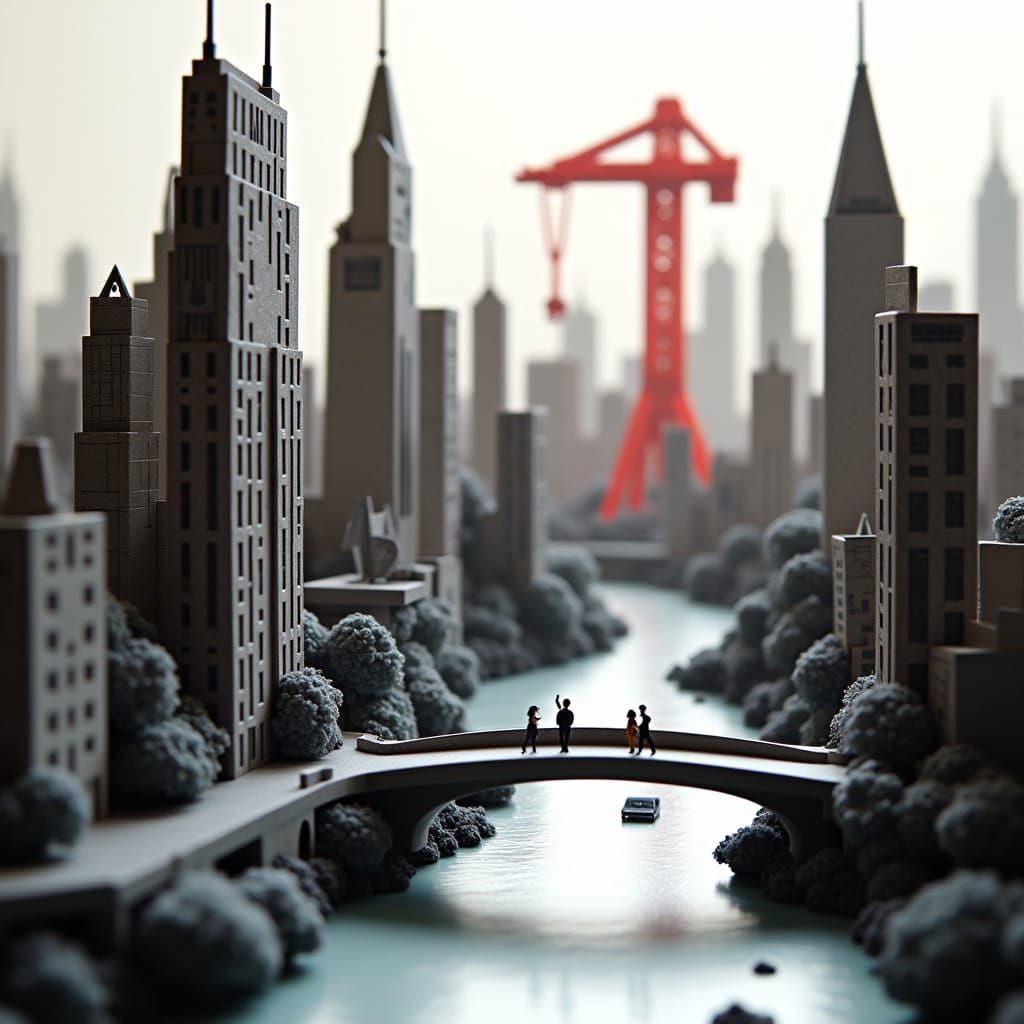 Futuristic Origami Cityscape with Red Crane