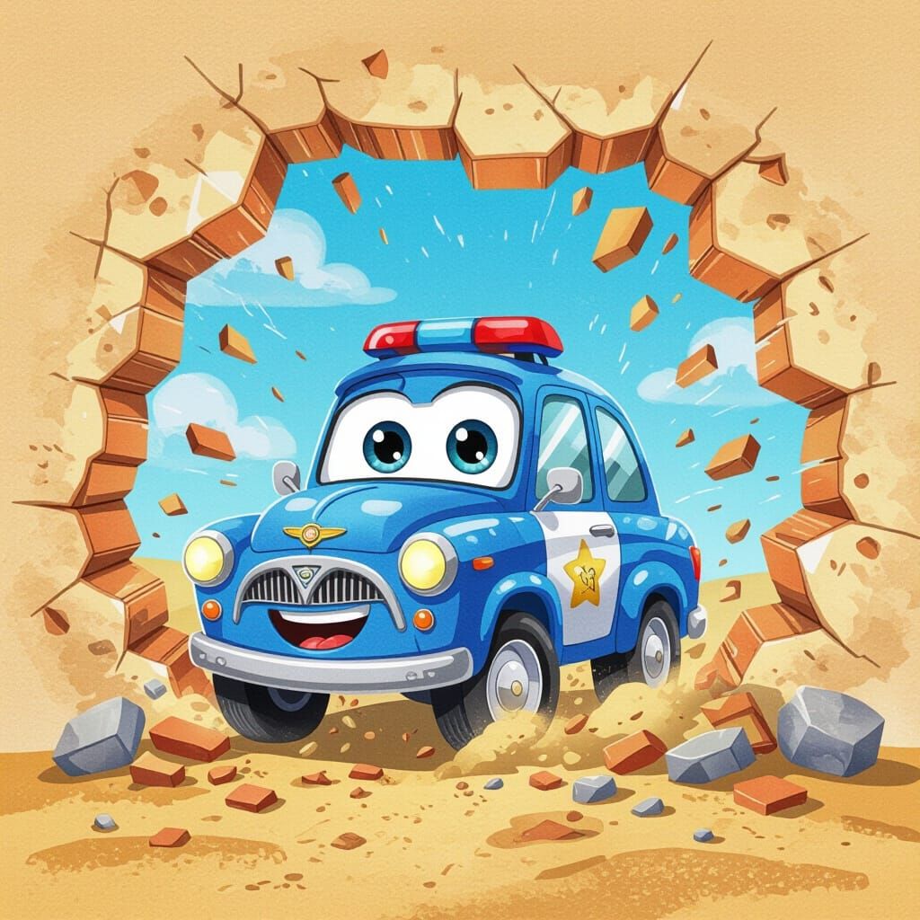 Cute Cartoon Police Car Smashing Sandy Wall in Watercolor St...