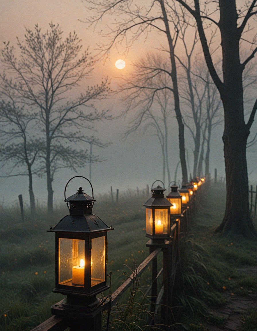 Foggy Night Lanterns in Cinematic Oil Brushstrokes