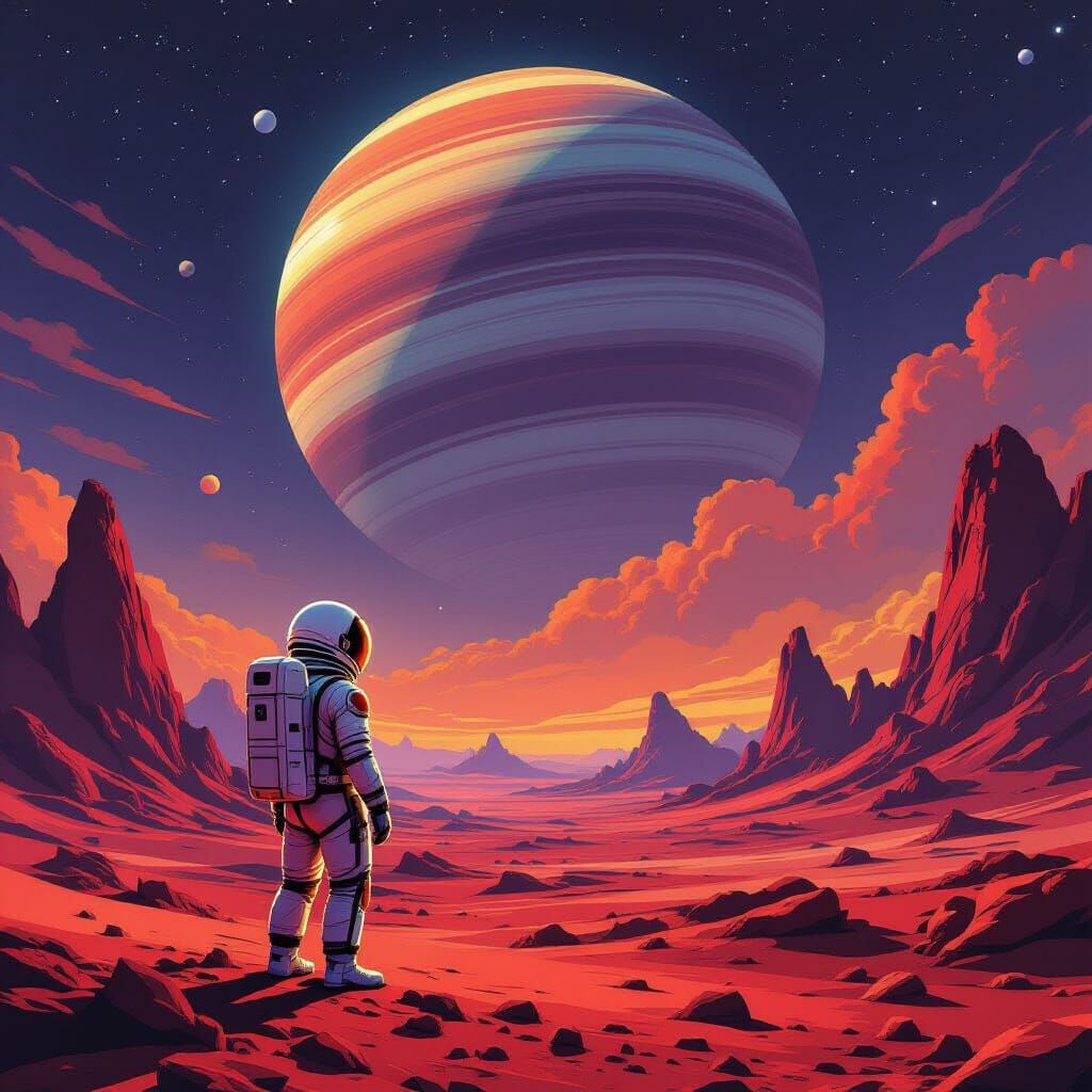 Astronaut on Alien Planet Gazing at Ringed Gas Giant