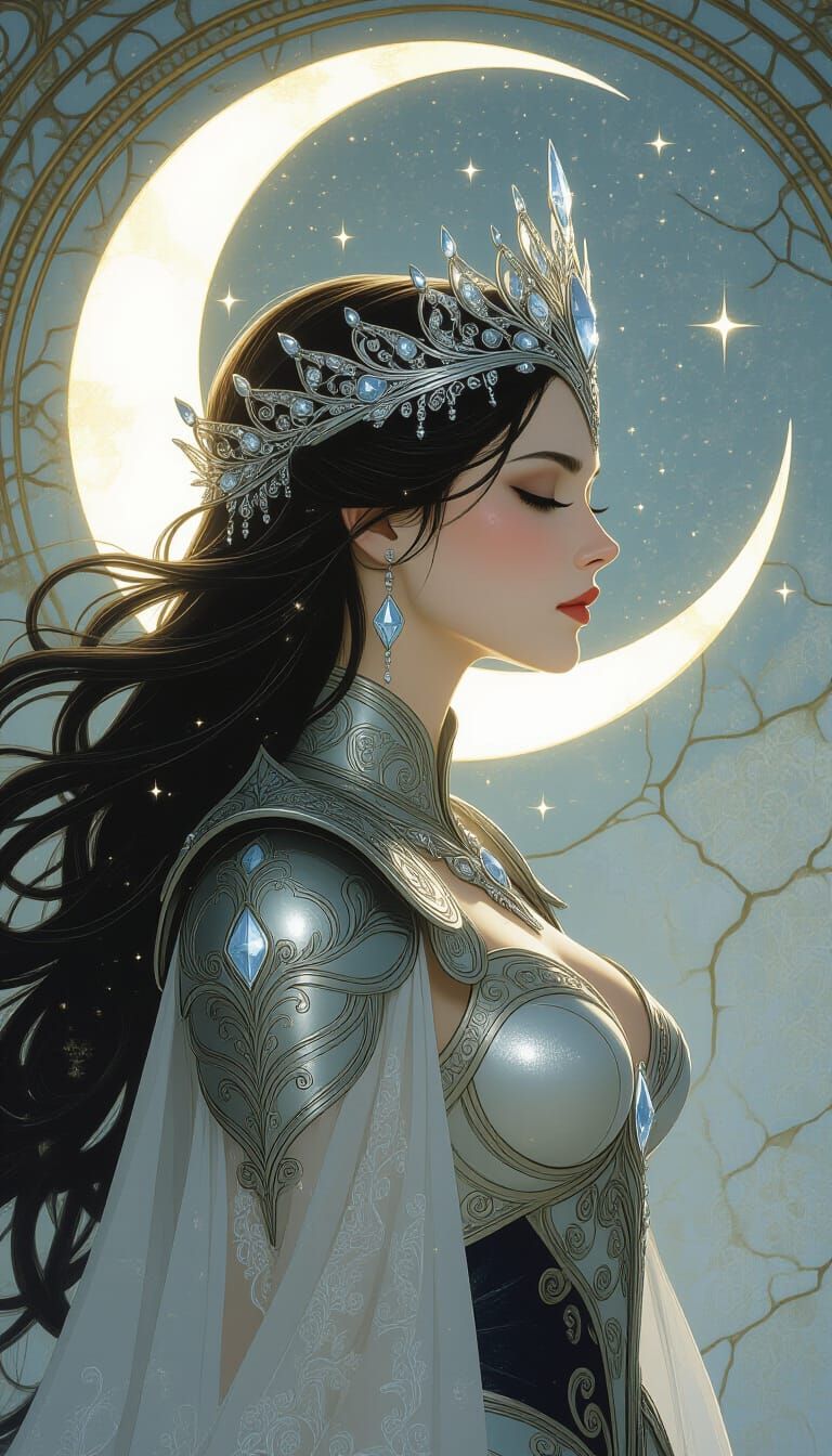 Ethereal Moon Goddess Portrait in Art Nouveau Style