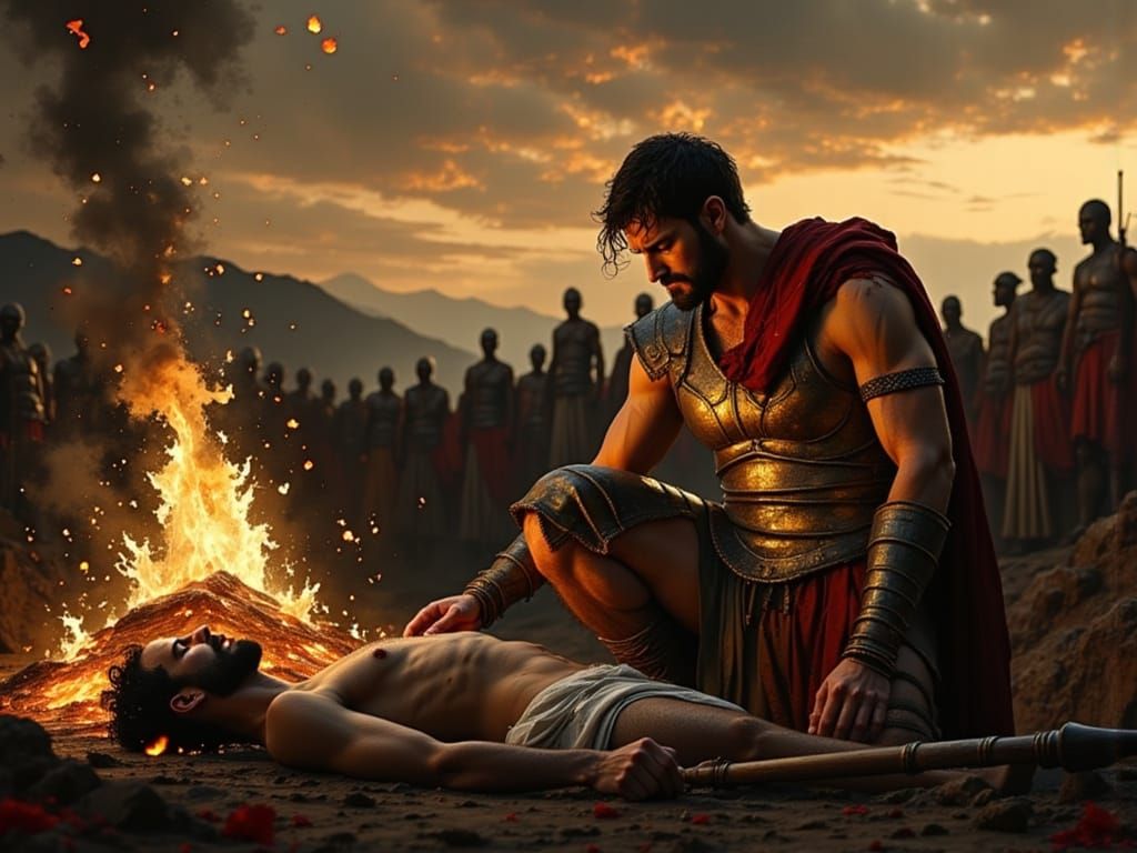 Achilles Mourns Patroclus: Dark Oil Painting