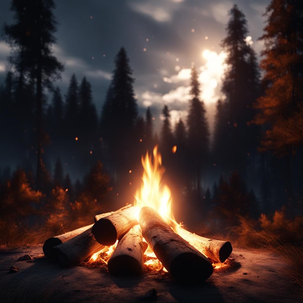 Campfire in Dark Woods with Divine Light