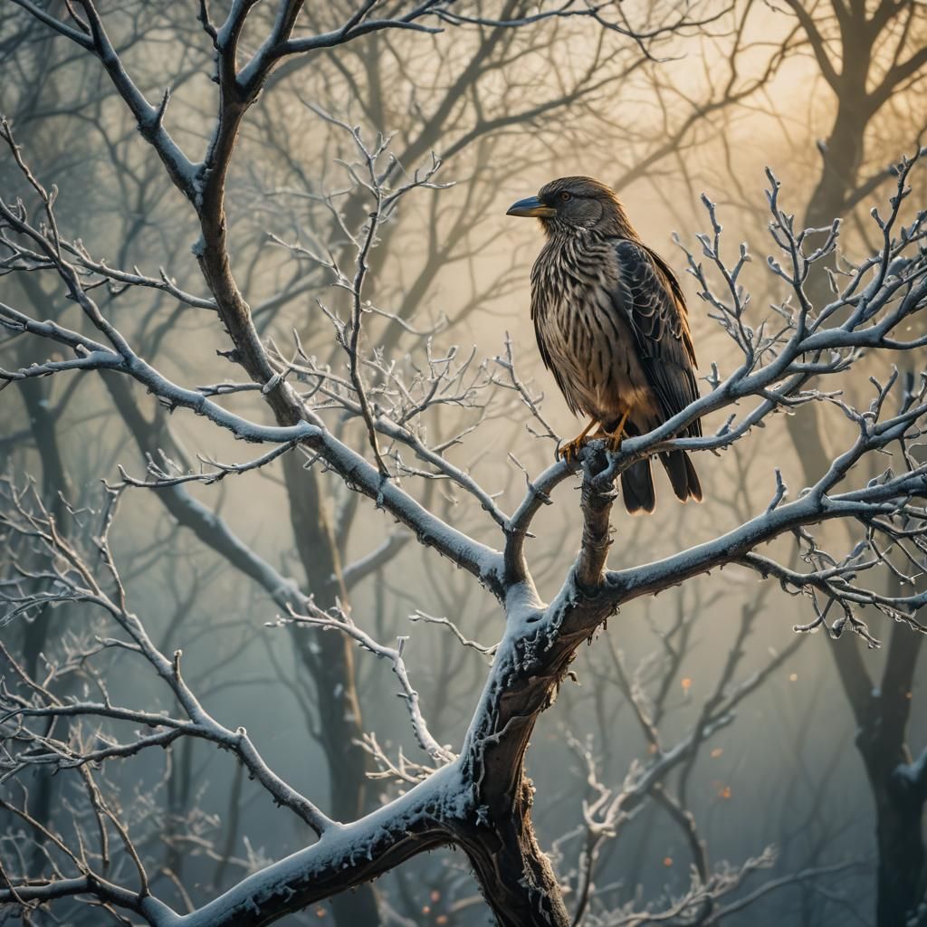 Bird on Winter Tree in Mystic Realism Style
