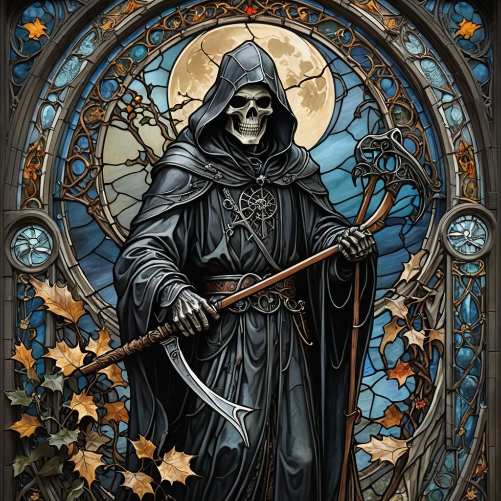 Gothic Stained Glass: Grim Reaper in Art Nouveau Style