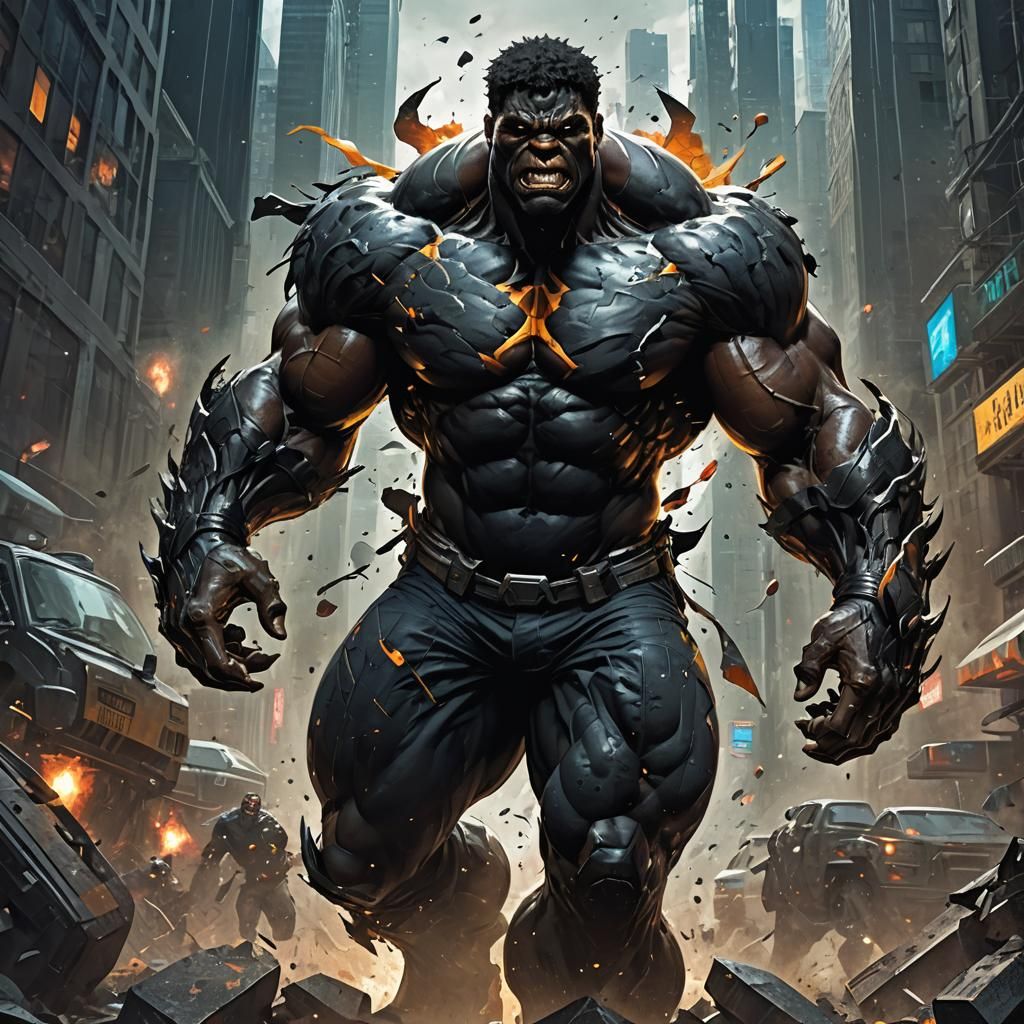 A black Hulk inspired superhero, black male, huge muscles, o...