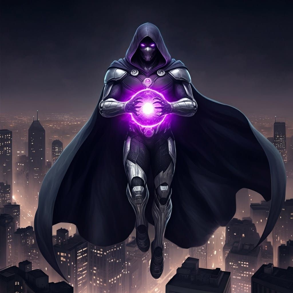 Cyberpunk Villain Soars Over City at Night in Shimmering Bla...