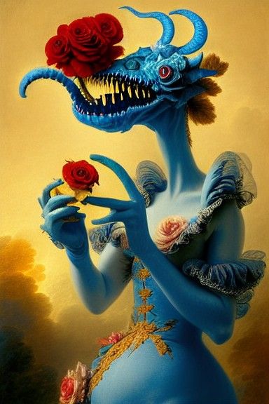 Girl with Monster Pet in Rococo Fantasy Style