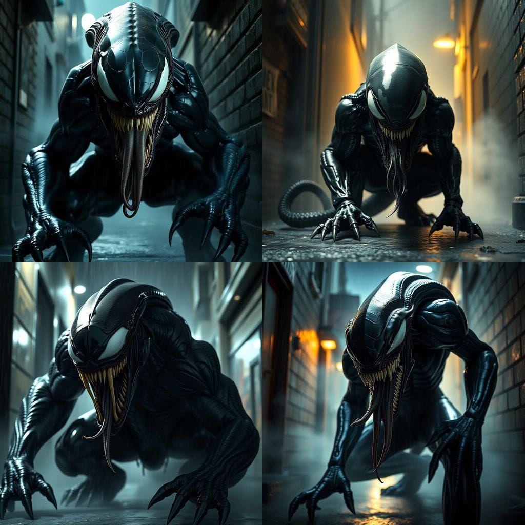 Monstrous Alien Symbiote in Rain-Soaked Alley: 3D Render