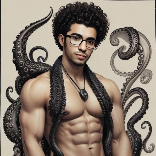 Young muscular latino guy, with curly hair, glasses and tentacles