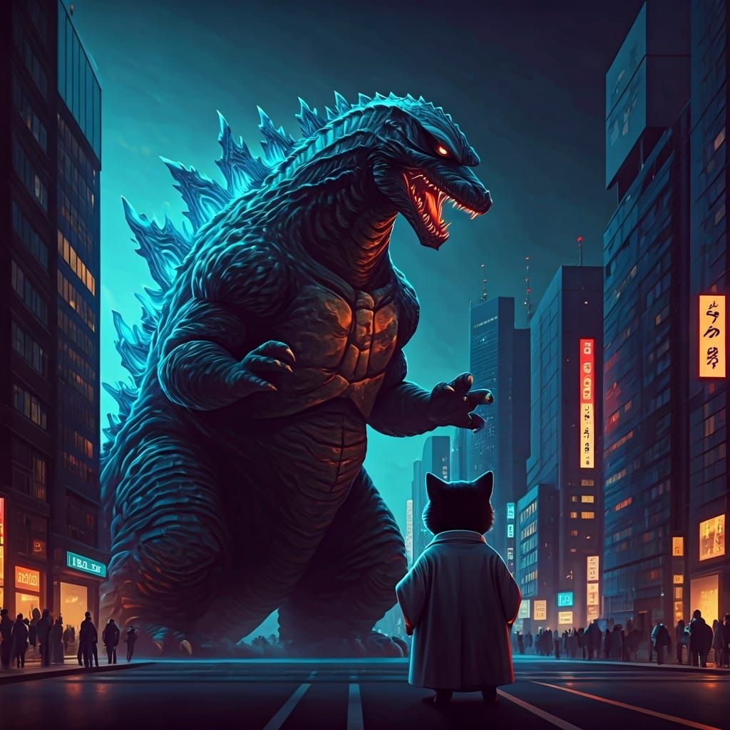 Cat Battles Godzilla in Synthwave Tokyo
