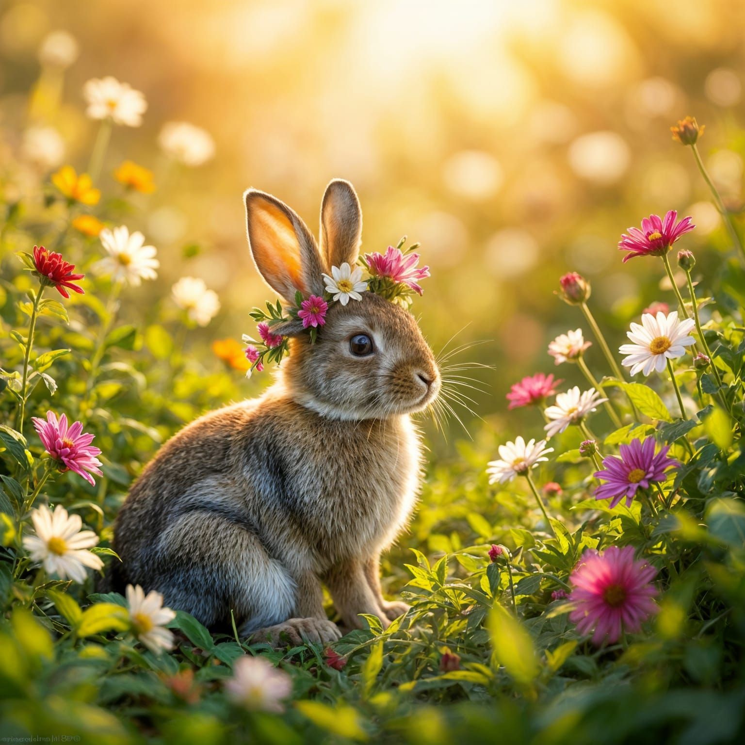 Rabbit in Flower Garden: Impressionistic Oil Painting