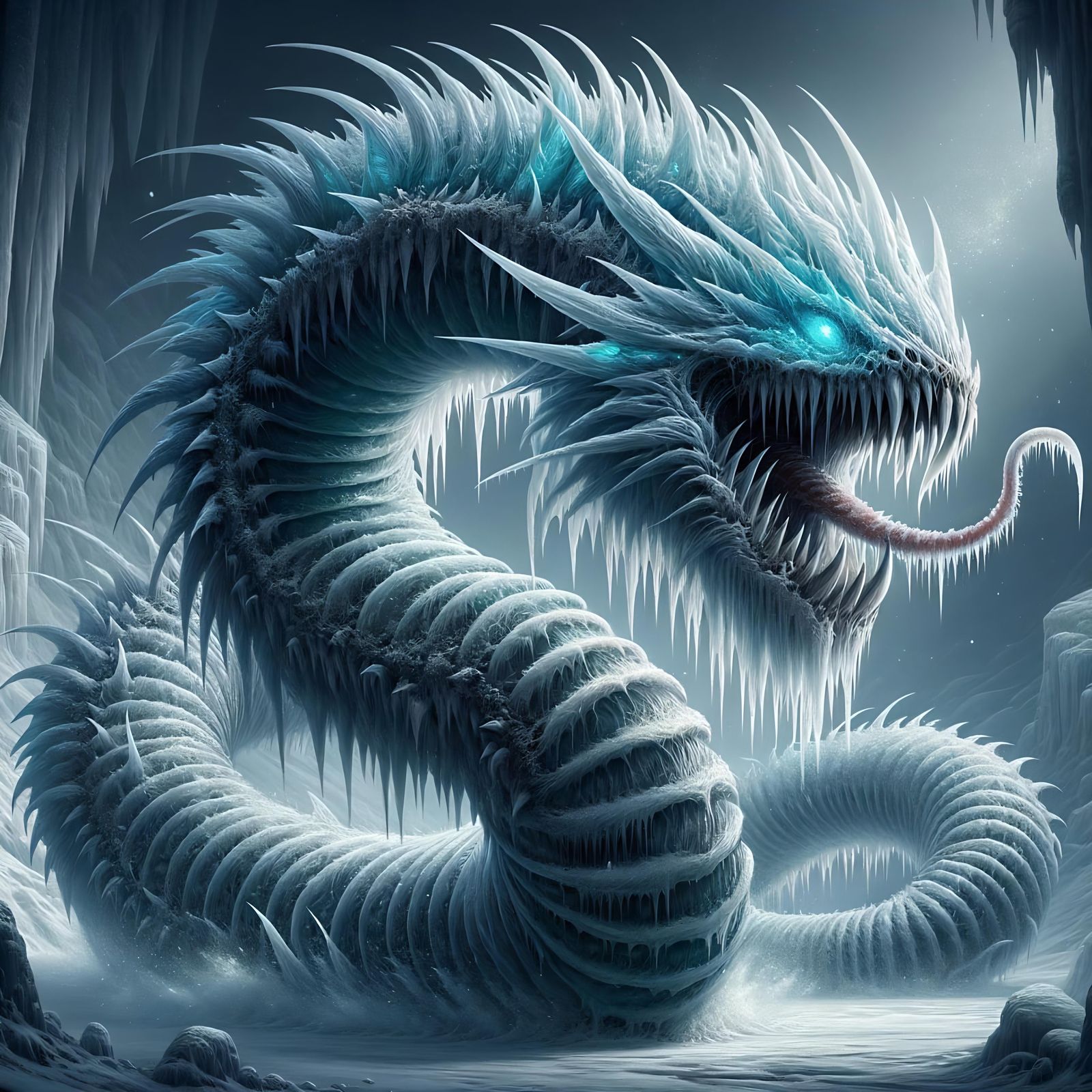 Gigantic Frost Worm Emerging from Icy Cavern