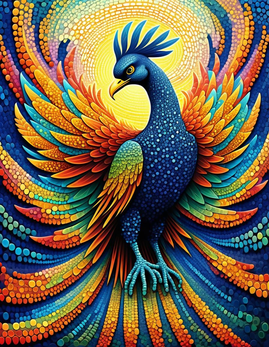 Tessellated Digital Phoenix in Pointillism Style