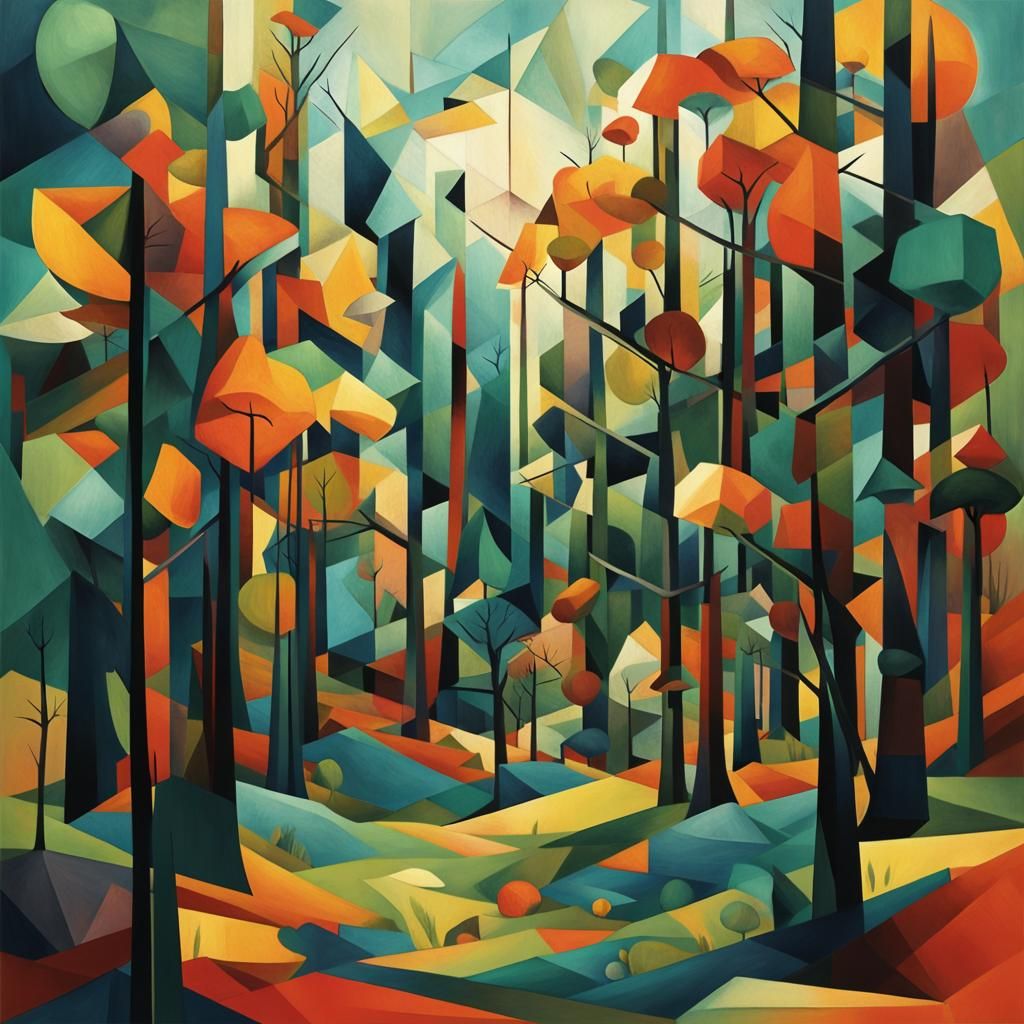 Eerie Forest with Humanoid Trees in Cubist Style