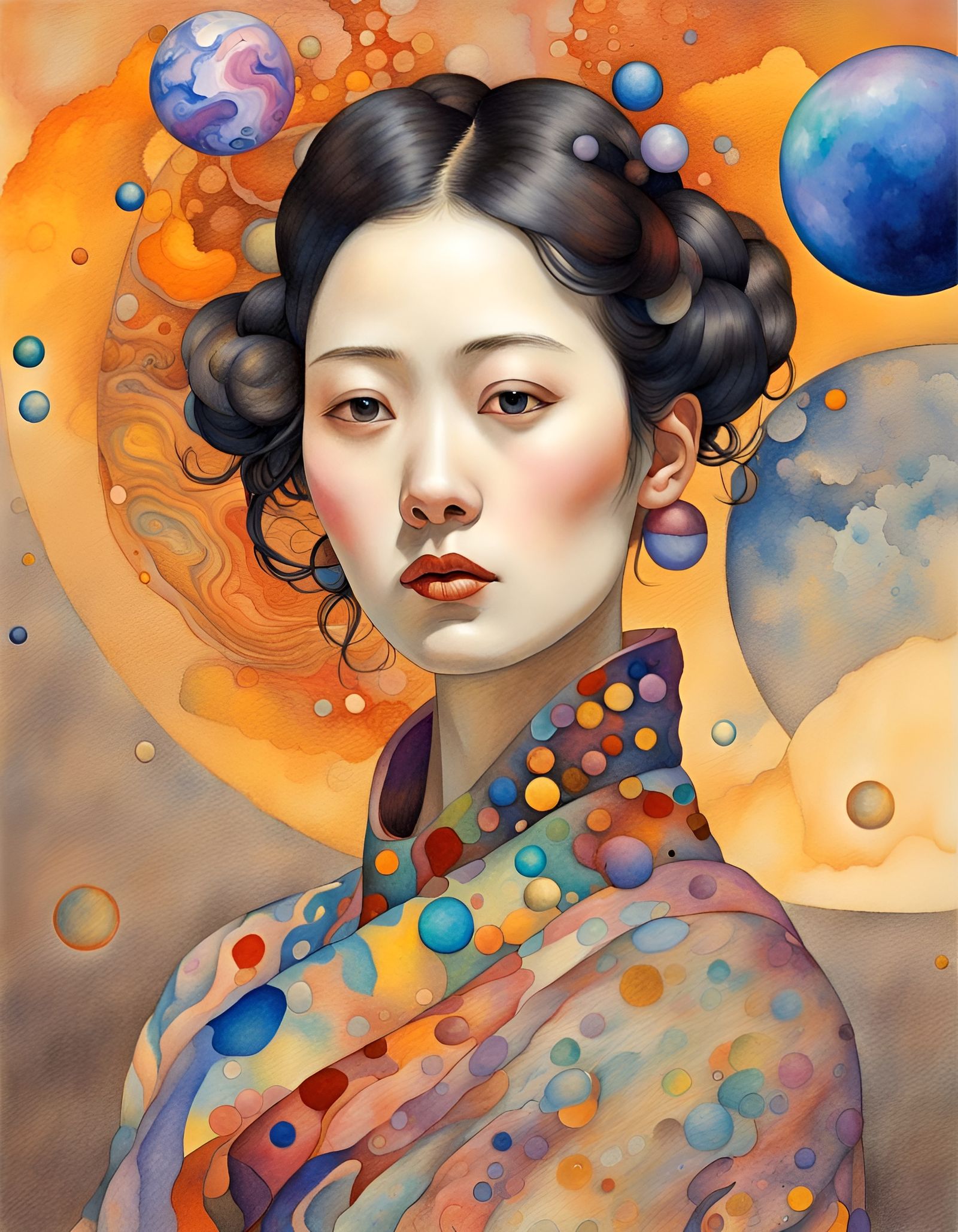 Taiwanese Woman with Geometric Head, Klimt-Kandinsky Style