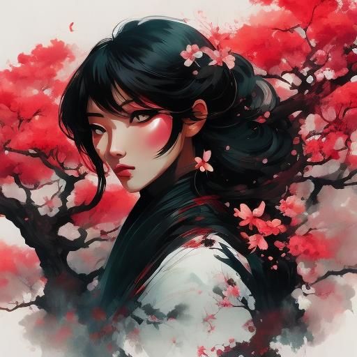 Double Exposure Portrait: Girl, Blossom, Bird, Tree