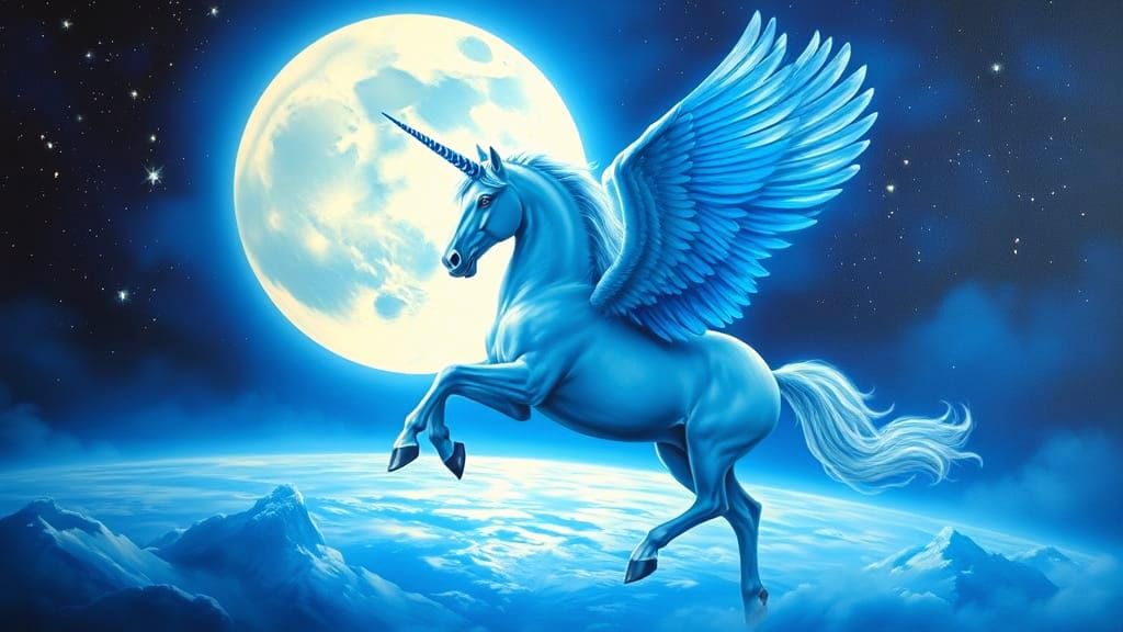 Blue Pegasus Flying Under a Full Moon Oil Painting