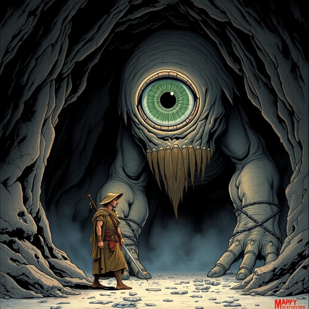 Gigantic Cyclops Encounter in Comics Style