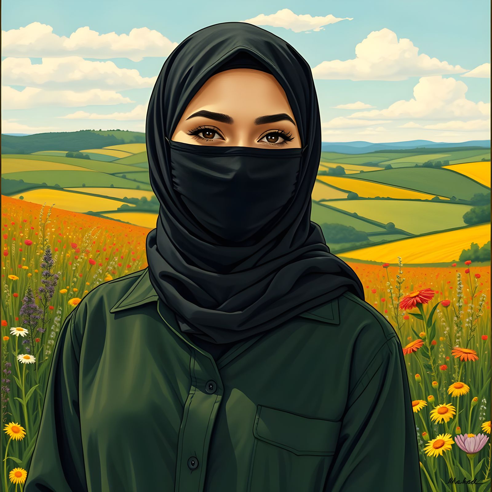 Hijabi Woman in Floral Landscape, Art Nouveau Style
