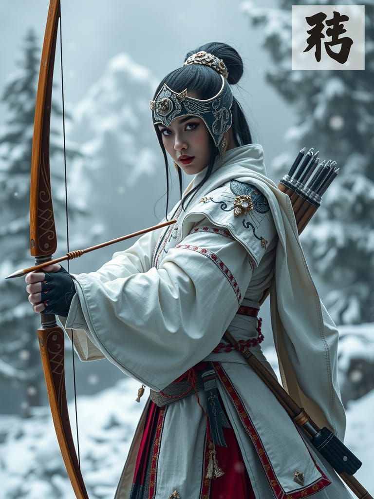 Intimidating Japanese Woman Warrior in Winter Forest