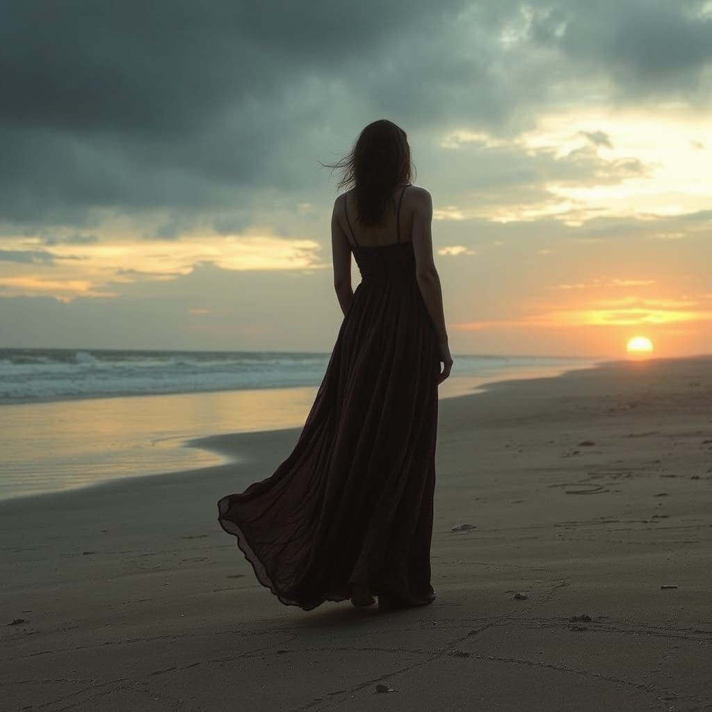 Melancholic Sunset: Woman on a Desolate Beach