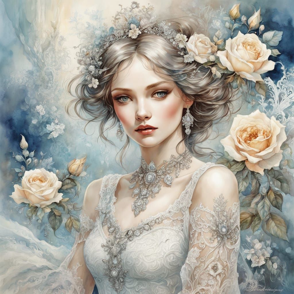 Shabby Chic Woman with Roses in Watercolor Style