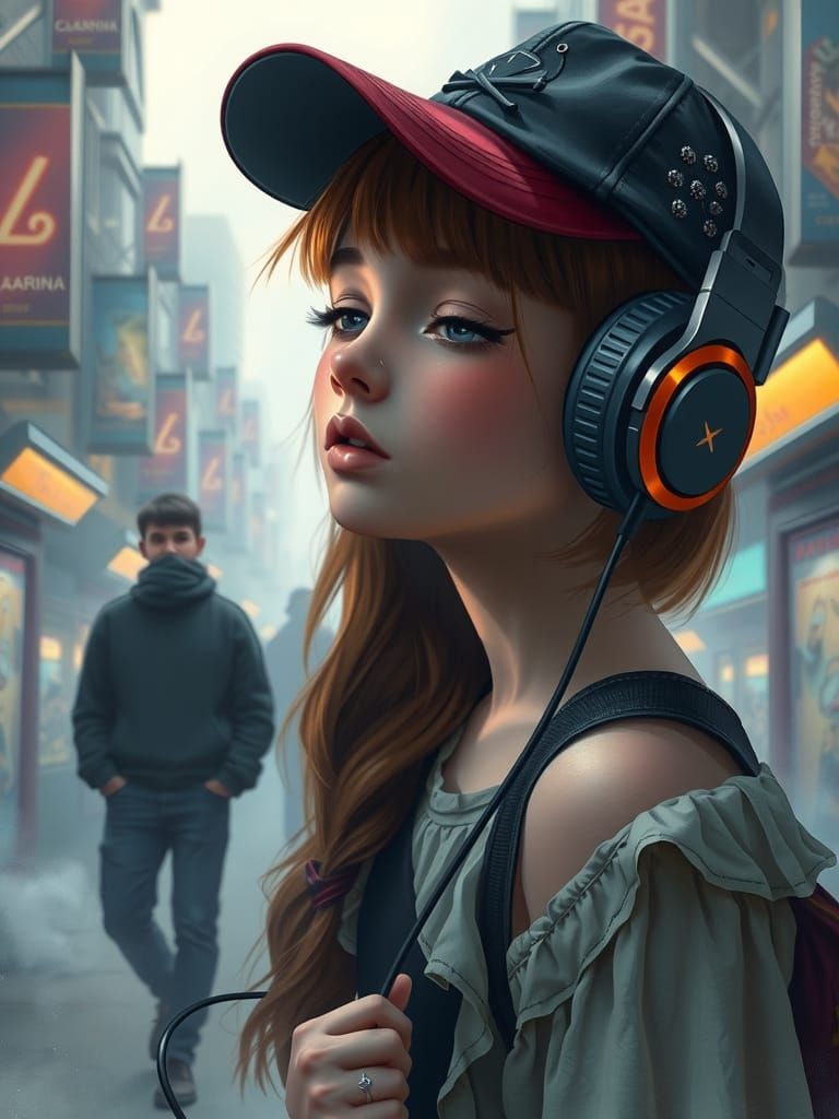 Girl Listening to Music in Ethereal Metro