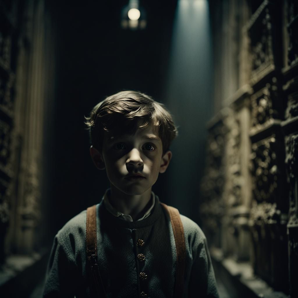 Eerie Victorian Orphan in Moonlit Cathedral