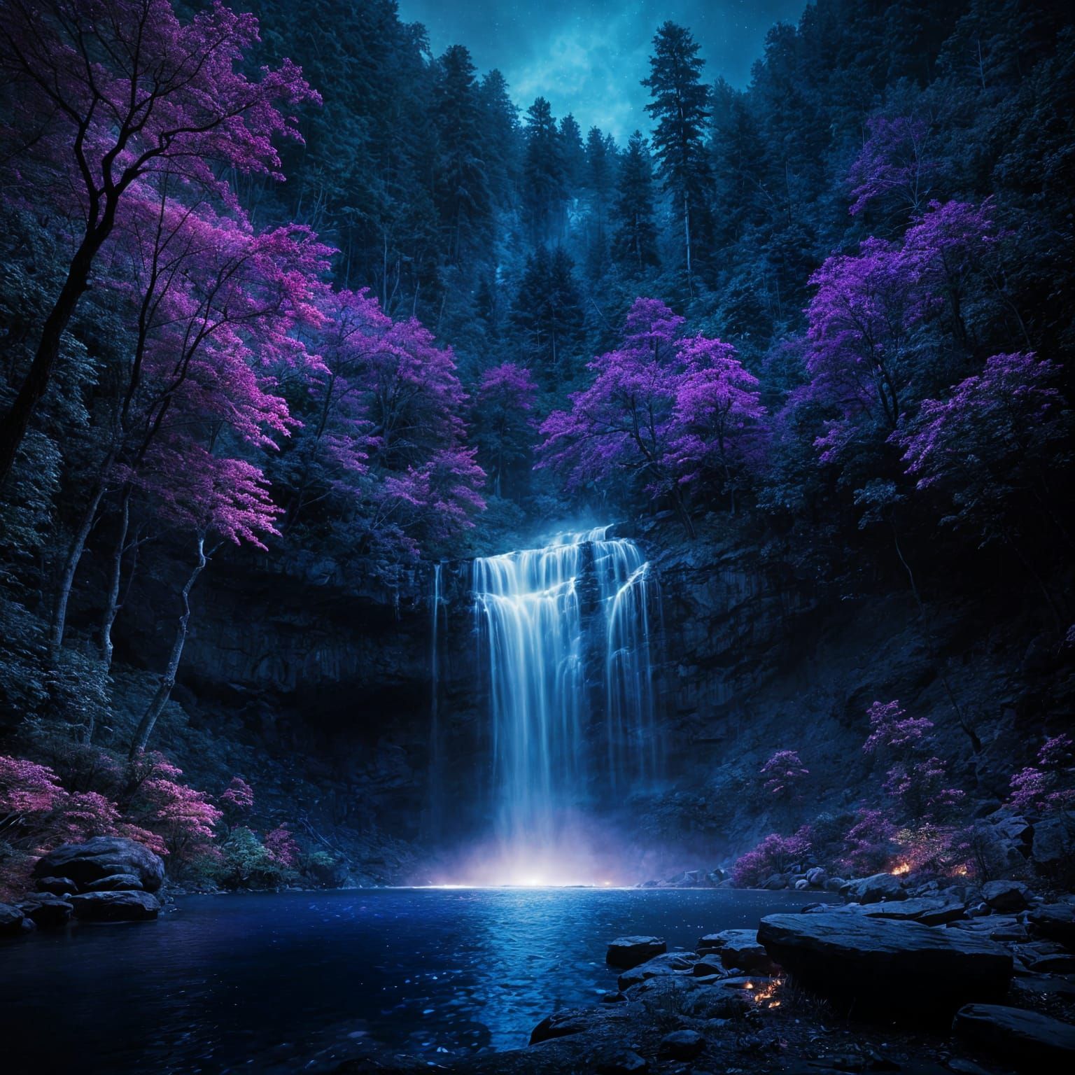 Glowing Waterfall and Sapphire Pool at Night