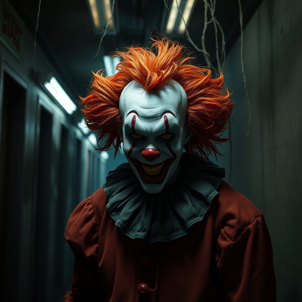 Terrifying Clown in Dim Hallway: Dark Fantasy Art