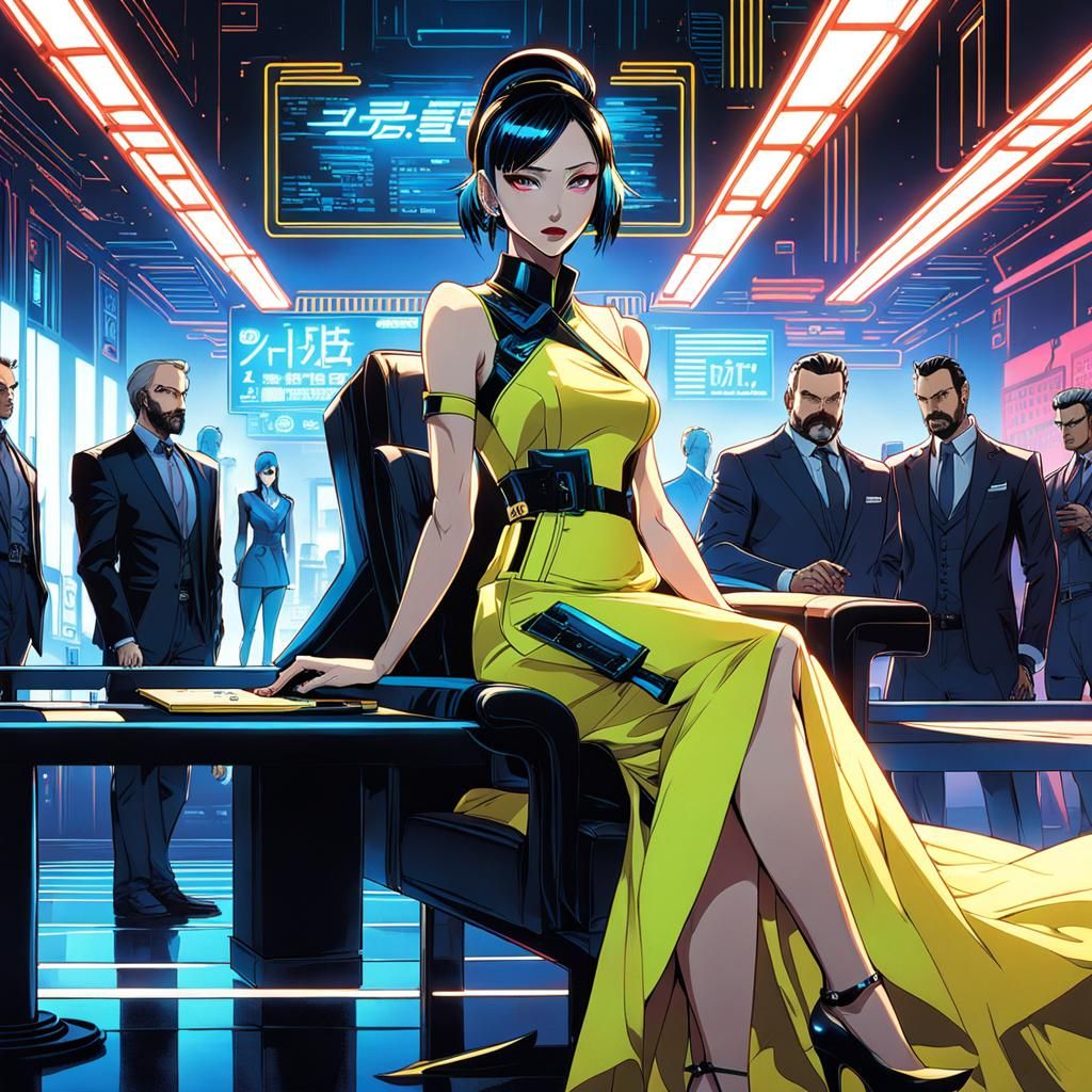 Cyberpunk Politician in Futuristic Conference Room