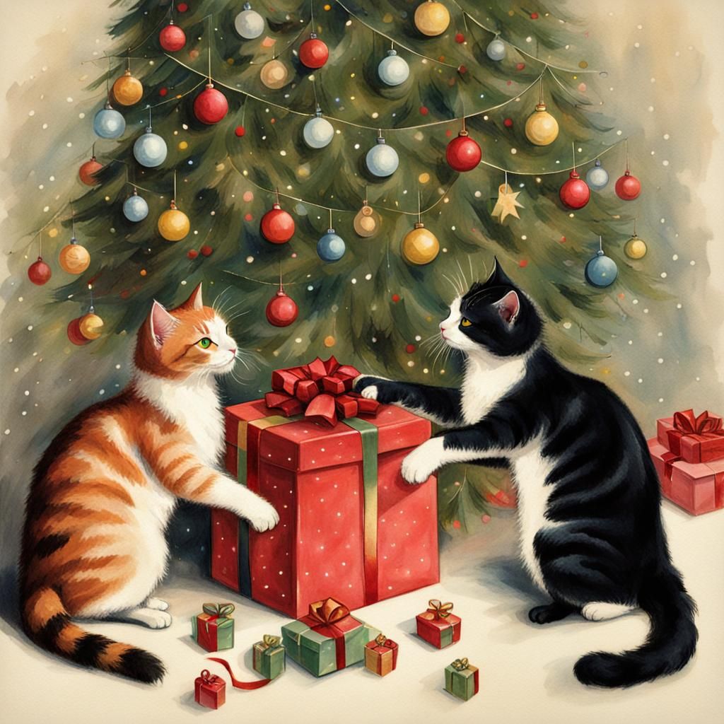 Cats Exchanging Gifts Around Christmas Tree