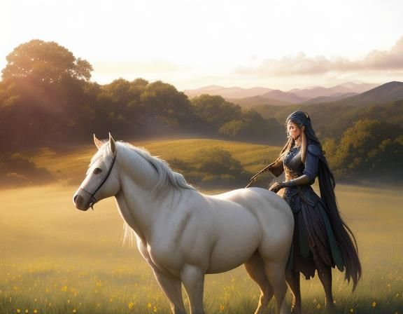 Girl and Horse in Lush Meadow, Matte Painting