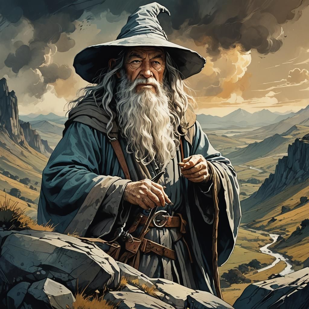 Dramatic Gandalf Illustration in Retro D&D Style