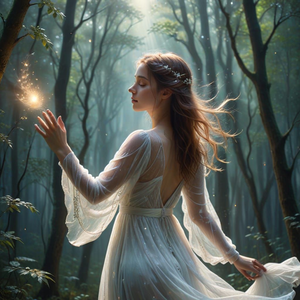 Ethereal Woman Reaches for Celestial Light in Dreamy Forest