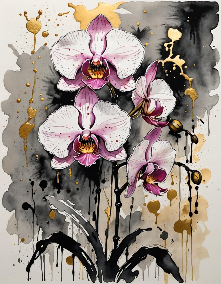 Golden Orchid Watercolor Illustration with Chinese Character...