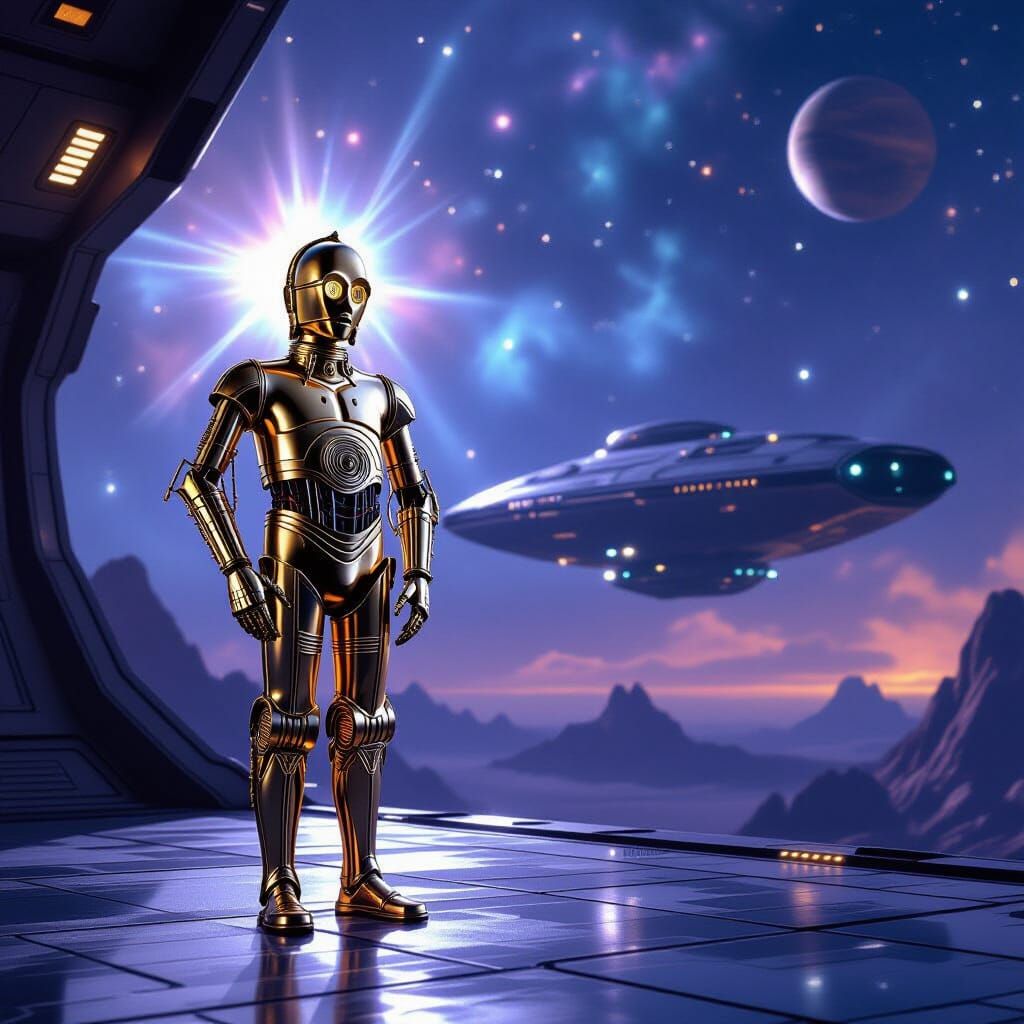 C-3PO and Alien Spaceship on Distant Planet