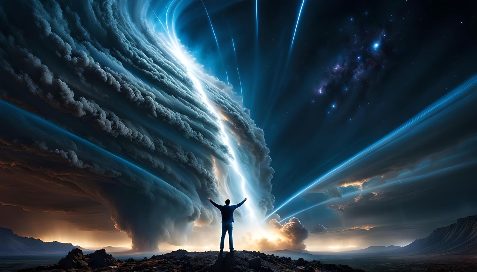 Man Controls Space Tornado in Photorealistic Style