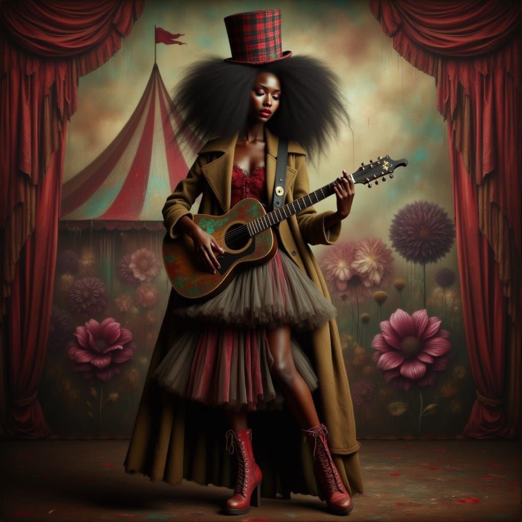 Girl Plays Guitar in Circus Noir Style