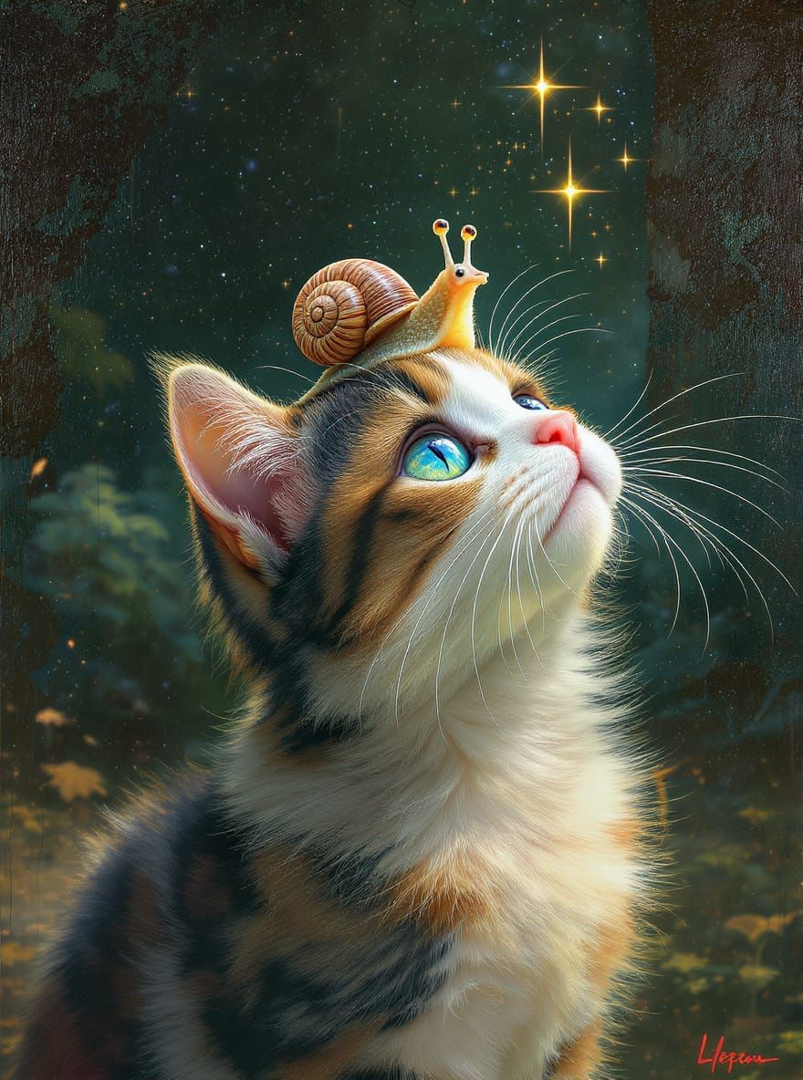Calico Kitten with Snail in Enchanted Forest