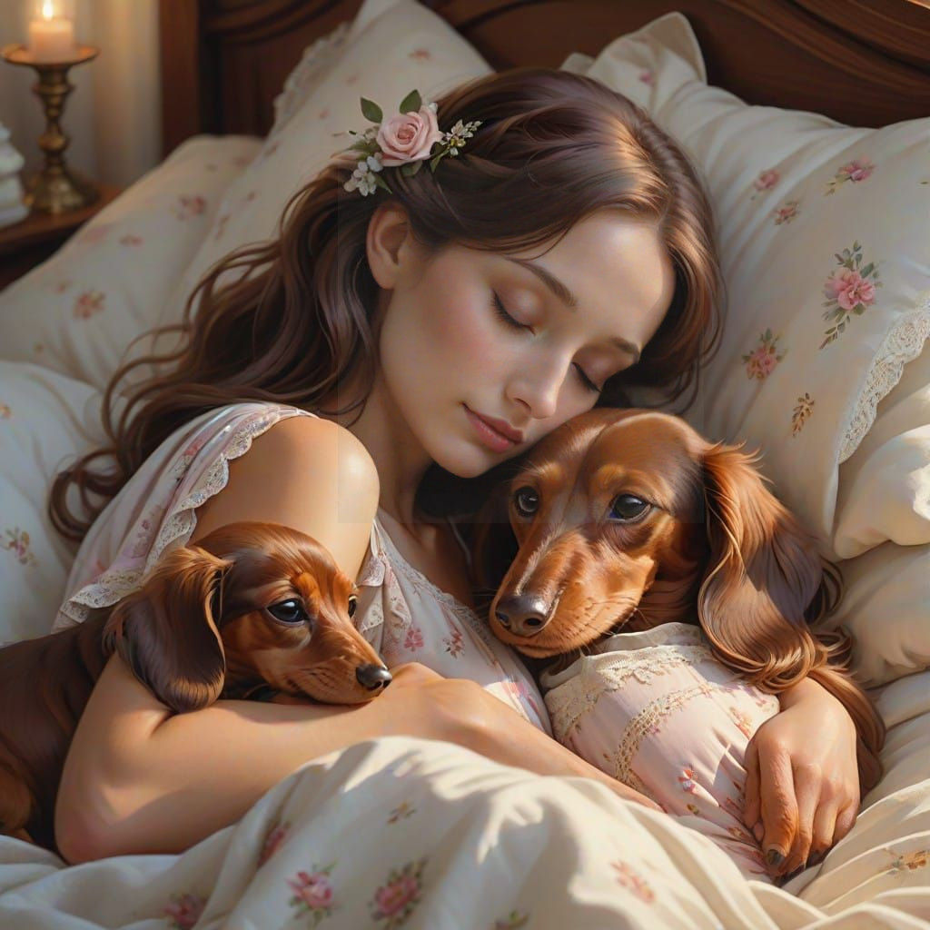 Serene Woman and Dachshunds in Dreamy Velvet Bed