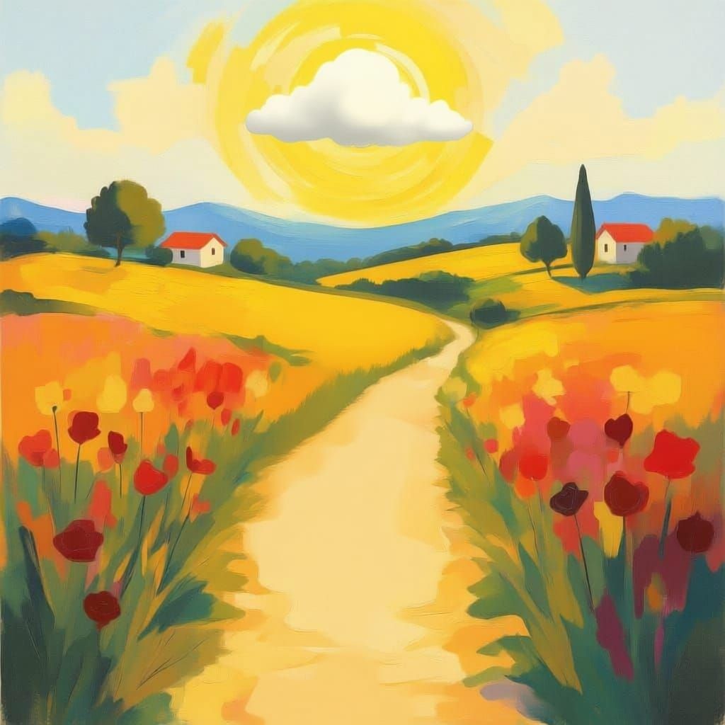 Dreamy Sun-Drenched Landscape in Expressionist Style