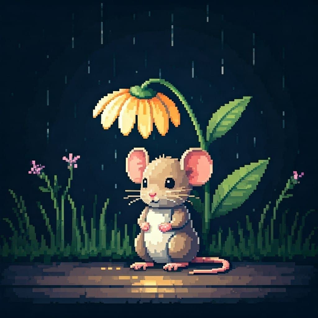 Cute Mouse in Rainy Pixel Art Style