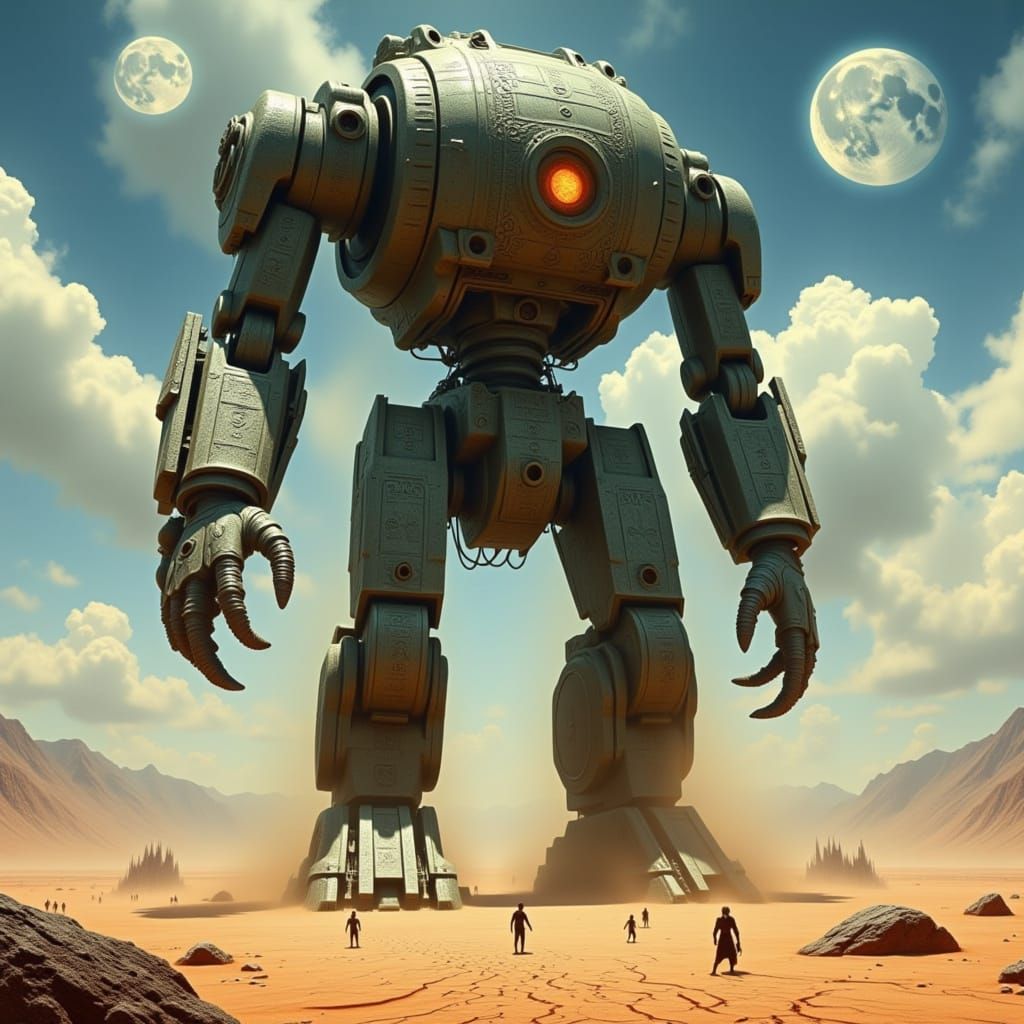 Ancient Stone Automaton in Alien Desert Under Twin Moons