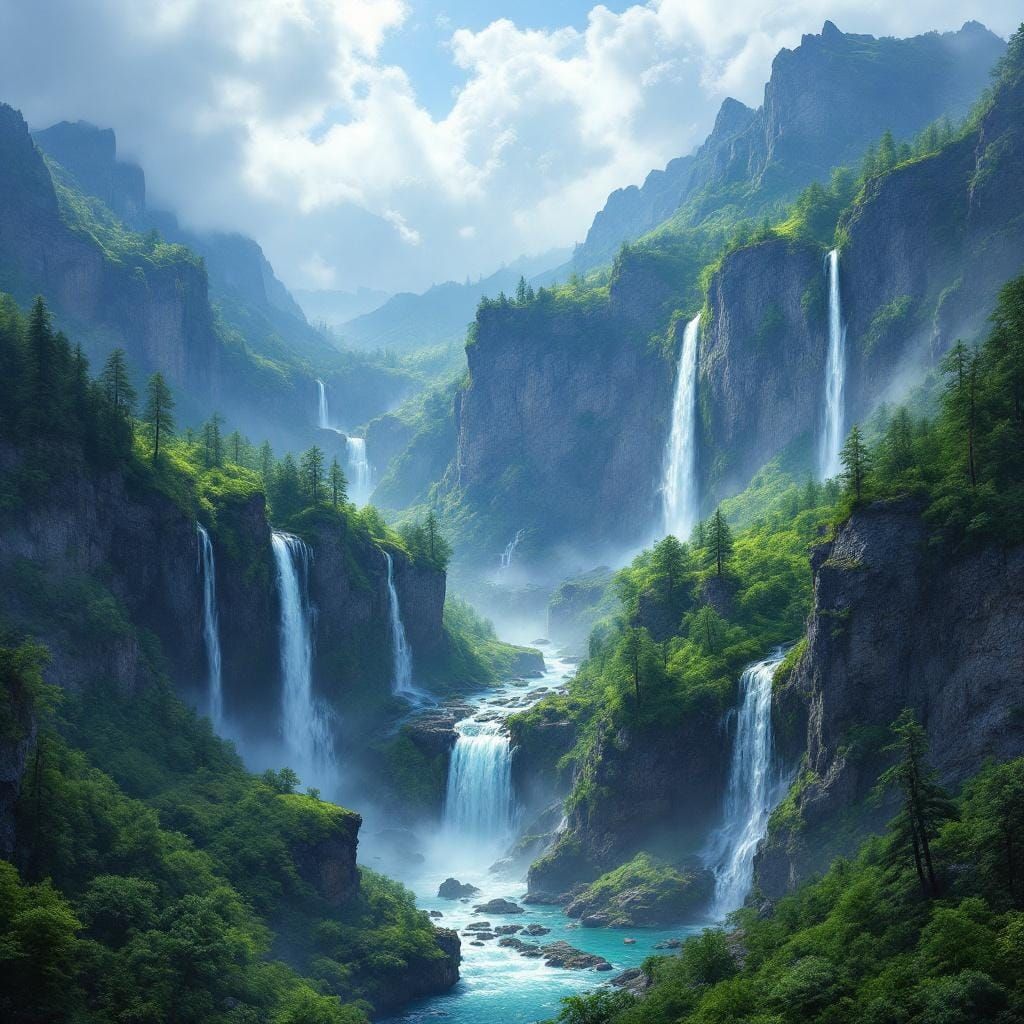 Lush Cliffs Waterfall System in Photorealistic Style