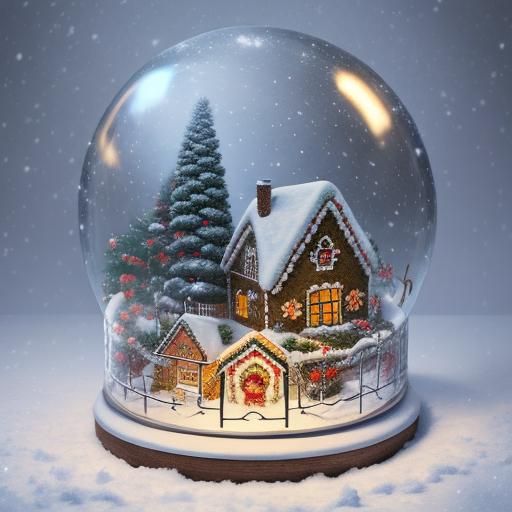 Gingerbread House in Snow Globe, Anime Art Style