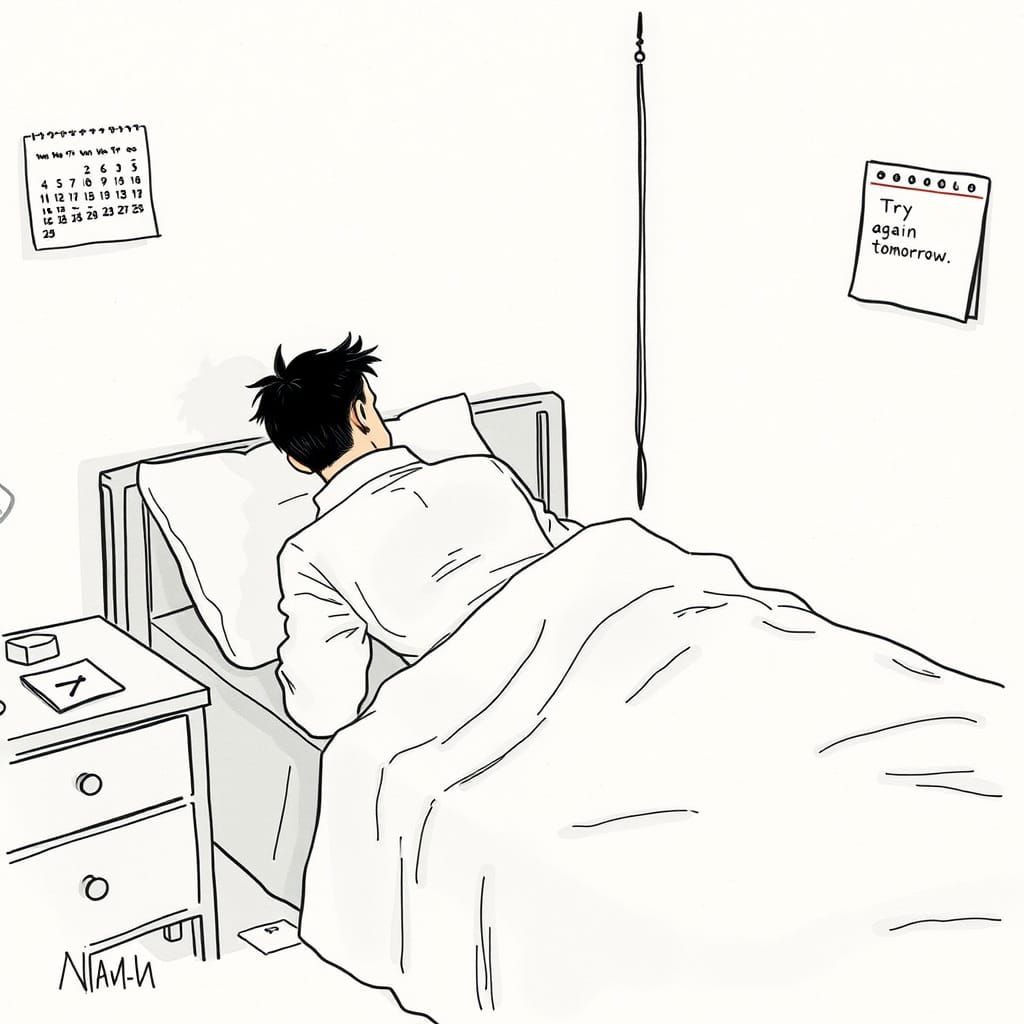 Quiet Bravery: A Bedroom Scene in Ink Sketch Style